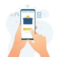 mão segurando o smartphone com sistema de votação online para ilustração vetorial de eleição vetor