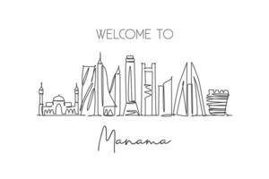 um desenho de linha contínua manama city skyline bahrain. bela impressão de cartão postal de marco. férias de viagens de turismo de paisagem mundial. ilustração vetorial de design de desenho de linha única de traço elegante editável vetor