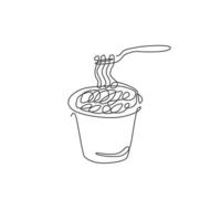 um único desenho de linha de ilustração vetorial de logotipo de loja de macarrão picante quente. ramen no menu de café de fast food de garfo e conceito de crachá de restaurante. logotipo de comida de rua de design de desenho de linha contínua moderno vetor