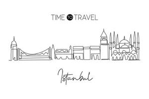 um desenho de linha contínua do horizonte da cidade de istambul, turquia. belo marco. cartaz de férias de viagens de turismo de paisagem mundial. ilustração em vetor design de desenho de linha única de traço elegante editável