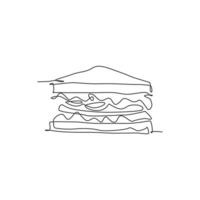 único desenho de linha contínua do rótulo estilizado do logotipo do sanduíche. conceito de restaurante de cachorro-quente de fast food de emblema. ilustração vetorial moderna de desenho de uma linha para café, loja ou serviço de entrega de comida