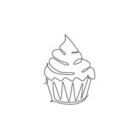 um desenho de linha contínua do emblema do logotipo do restaurante de biscoitos de muffin americano deliciosos frescos. conceito de modelo de logotipo de loja online de pastelaria doce. ilustração em vetor design de desenho de linha única moderna