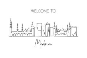 um único desenho de linha do horizonte da cidade de medina, arábia saudita. paisagem da cidade histórica mundial. melhor lugar destino de férias. curso editável ilustração em vetor design de desenho de linha contínua na moda