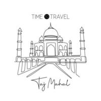 único desenho de linha contínua taj mahal marco. lugar icônico de beleza histórica em agra, índia. conceito de impressão de pôster de arte de parede de decoração de casa de viagem mundial. ilustração em vetor design de desenho de uma linha moderna