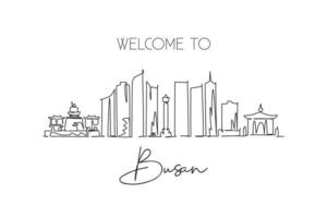 uma única linha desenhando o horizonte da cidade de busan, coreia do sul. arte da parede de impressão de pôster de decoração de casa de paisagem de cidade mundial. melhor lugar destino de férias. ilustração em vetor design de desenho de linha contínua na moda