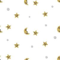 lua e estrela de brilho dourado sem costura com fundo de padrão de rosto de sorriso, padrão de vetor de piscadela, padrão de crianças