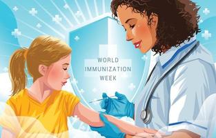 conceito de plano de fundo da semana mundial de imunização com criança tomando vacinação vetor