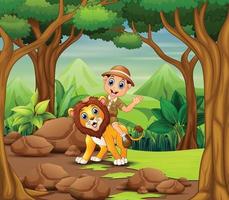 feliz zookeeper menino e leão em uma floresta vetor