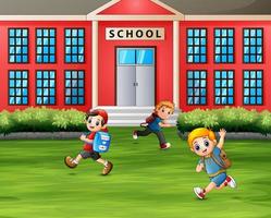 meninos correndo na frente da escola vetor