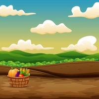 cesta de madeira com frutas e legumes recém-colhidos em terras agrícolas vetor