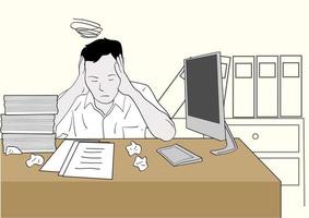 um homem tonto pensando em seu trabalho na mesa do escritório. ilustrações de design vetorial de estilo desenhado à mão vetor