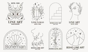 conjunto de logotipo esotérico boho místico doodle. ícone de arte de linha mágica com borboleta, diamante, arco, corpo e rosto de mulher, chave, montanha vetor