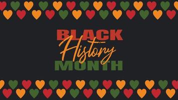 mês da história negra - celebração afro-americana nos eua. ilustração vetorial com texto, padrão de borda com corações em cores tradicionais africanas - verde, vermelho, amarelo em banner de fundo preto vetor