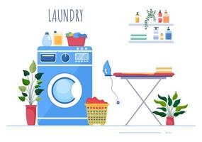 lavanderia com máquinas de lavar e secar em ilustração de fundo plano. pano sujo deitado na cesta e as mulheres estão lavando roupas para banner ou cartaz vetor