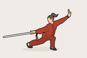 mulher com ação de espada kung fu vetor