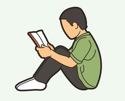 um menino sentado e lendo um livro vetor