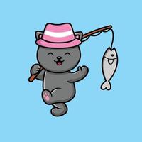 bonito gato pescando com varas e ilustração de ícone de vetor de desenho de chapéu. animal recreação ícone conceito isolado vetor premium. estilo de desenho animado plano