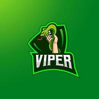 mão segurando a cobra venenosa. vetor de design de logotipo de mascote de víbora com estilo de conceito de ilustração moderno para distintivo, emblema, jogos, esport e equipe