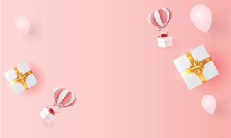 fundo de conceito de dia dos namorados. ilustração vetorial. Corações realistas de papel vermelho e rosa 3D cobrem saudação em estilo realista de corte de papel. nuvens de papel, bandeira voadora. vetor