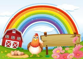 Uma galinha na fazenda com um arco-íris e uma tabuleta vazia vetor
