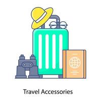 vetor de contorno plano de exibição de equipamentos de viagem, bolsa de acessórios de viagem