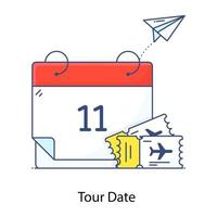 ícone de contorno plano da data da turnê, lembrete de calendário vetor