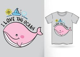 baleia fofa desenhada de mão para camiseta vetor