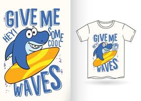 ilustração de desenhos animados de surfista de tubarão desenhada à mão para camiseta vetor