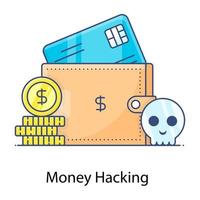 carteira com caveira, design de contorno plano do ícone de hacking de dinheiro vetor
