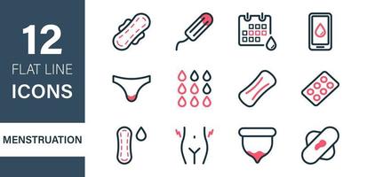 coleção de ícones do ciclo de menstruação de mulher. absorvente higiênico e períodos de conjunto de ícones planos de linha de menstruação. almofada de períodos, copo menstrual, tampões, gotas de sangue, pílulas. ilustração vetorial. vetor