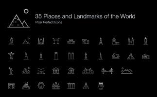 35 Lugares e Marcos do Mundo Ícones Perfect Pixel (Line Style Shadow Edition). vetor