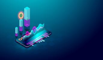 Análise da tendência do negócio na tela isométrica do smartphone com gráficos, tendência do mercado e vetor financeiro da análise.