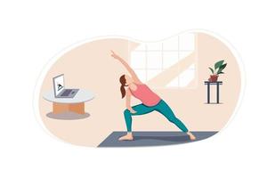 garota de ioga está fazendo exercícios e assistindo aulas online no laptop vetor