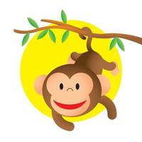 desenho animado macaco sorridente bonito pendurado e balançando de galho de árvore com cauda vetor