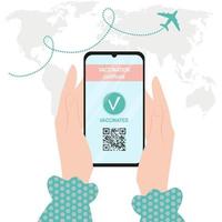 passaporte do certificado de vacinação. uma mulher segura um smartphone com um aplicativo móvel com um código qr sobre uma pessoa vacinada contra covid-19. novo conceito de viagem normal. vetor