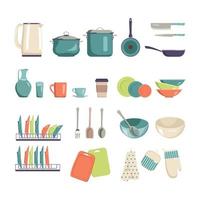 um conjunto de utensílios de cozinha para cozinhar e comer. itens brilhantes e elegantes para casa, café ou restaurante vetor