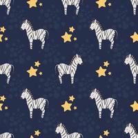 sem costura padrão com zebras fofas e estrelas, em um fundo escuro. para design infantil, têxteis, papel de embrulho e embalagens. vetor