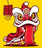 dança do leão dos desenhos animados com pergaminho chinês e fogos de artifício em fundo amarelo. feliz Ano Novo Chinês. vetor