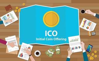 ico conceito de oferta de moeda inicial com equipe de negócios trabalhando juntos em cima da mesa com dinheiro eletrônico de moeda de ouro - vetor