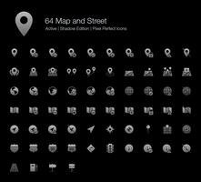 64 ícones perfeitos do mapa e do pixel da rua (edição da sombra do estilo enchido). vetor