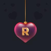 brinquedo de coração de vidro vermelho com uma letra 3d dourada r dentro. elemento de design de decoração de dia dos namorados para banner, invintation ou qualquer publicidade vetor