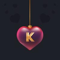 brinquedo de coração de vidro vermelho com uma letra 3d dourada k dentro. elemento de design de decoração de dia dos namorados para banner, invintation ou qualquer publicidade vetor