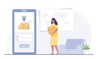 mulher segurando a caixa de encomendas com telefone celular pelo serviço de entrega. mulher esperando para entregar encomendas. vetor