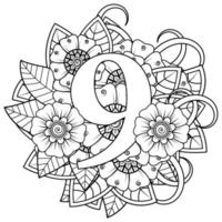 número 9 com ornamento decorativo de flor mehndi em estilo oriental étnico página do livro para colorir vetor