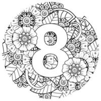 número oito com ornamento decorativo de flor mehndi em estilo oriental étnico página do livro para colorir vetor