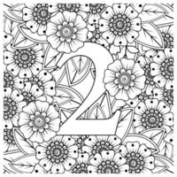 número 2 com ornamento decorativo de flor mehndi em estilo oriental étnico página do livro para colorir vetor