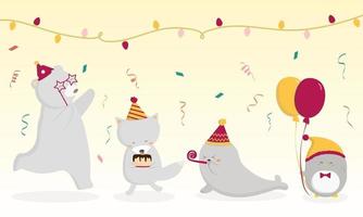 urso, raposa, foca, preparação de festa de aniversário animal pinguim juntos. vetor