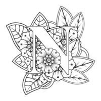 letra n com flor mehndi. ornamento decorativo em étnica oriental. delinear a ilustração vetorial de desenho à mão. vetor