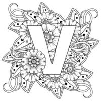 letra v com flor mehndi. ornamento decorativo em étnica oriental. delinear a ilustração vetorial de desenho à mão. vetor