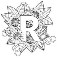 letra r com flor mehndi. ornamento decorativo em étnica oriental. delinear a ilustração vetorial de desenho à mão. vetor